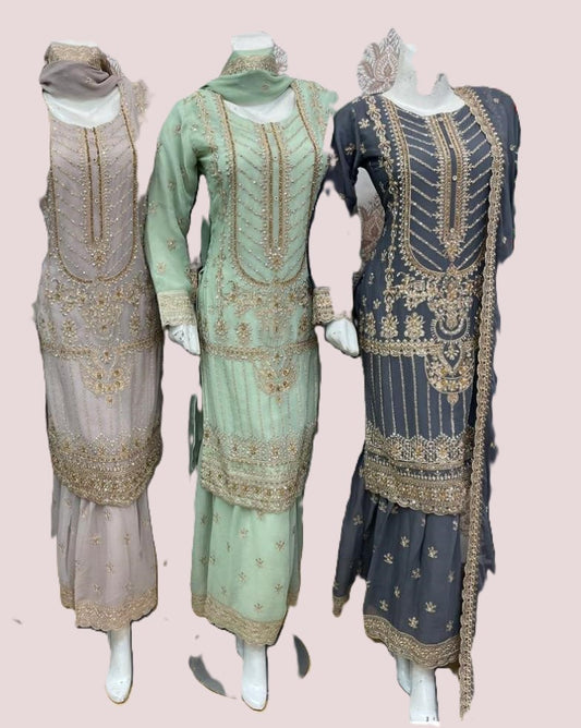 Premier 3-Piece Embroidered Chiffon Gharara Suit| Elegant Wedding & Party Wear Fabric Matching Outfit Shirt-