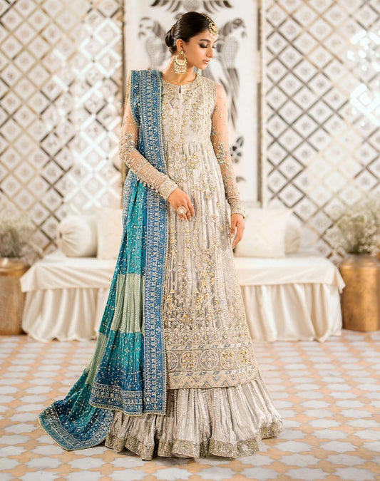 AIK Atelier Inspired – Heavy Embroidered 3-Piece Wedding Collection by Simran’s | With Heavy Embroidered Dupatta & Soft Banarsi Fabric Lehenga/Sharara-Grey Size S-XL