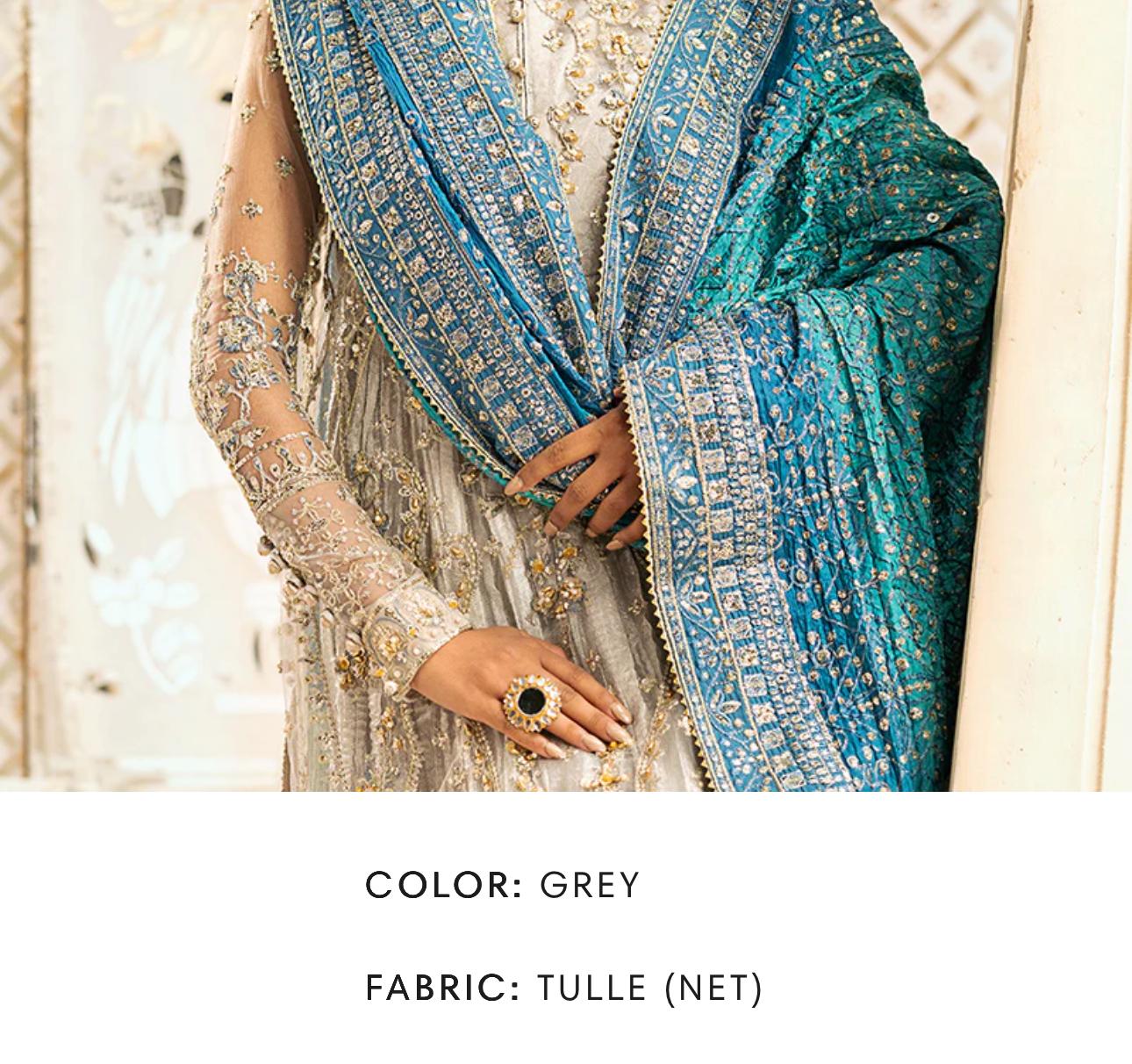 AIK Atelier Inspired – Heavy Embroidered 3-Piece Wedding Collection by Simran’s | With Heavy Embroidered Dupatta & Soft Banarsi Fabric Lehenga/Sharara-Grey Size S-XL