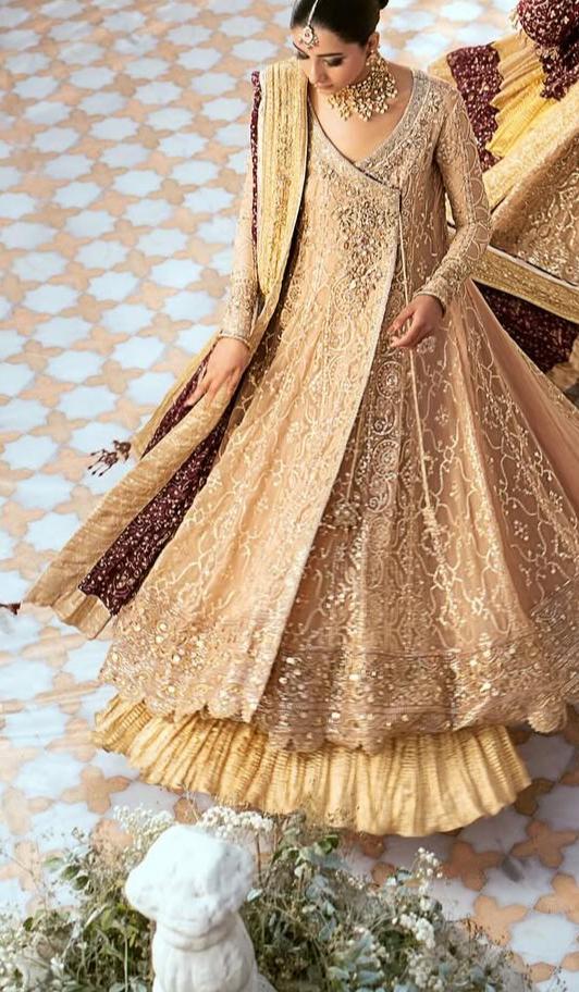 AIK Atelier (Inspired) by Simrans– Heavy Embroidered 3-Piece Wedding Collection with Crushed Gold Banarsi Sharara (Sizes S–XL)