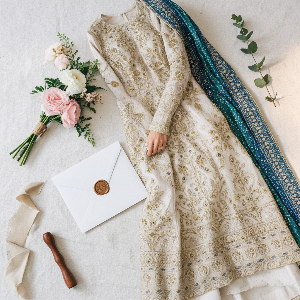 AIK Atelier Inspired – Heavy Embroidered 3-Piece Wedding Collection by Simran’s | With Heavy Embroidered Dupatta & Soft Banarsi Fabric Lehenga/Sharara-Grey Size S-XL