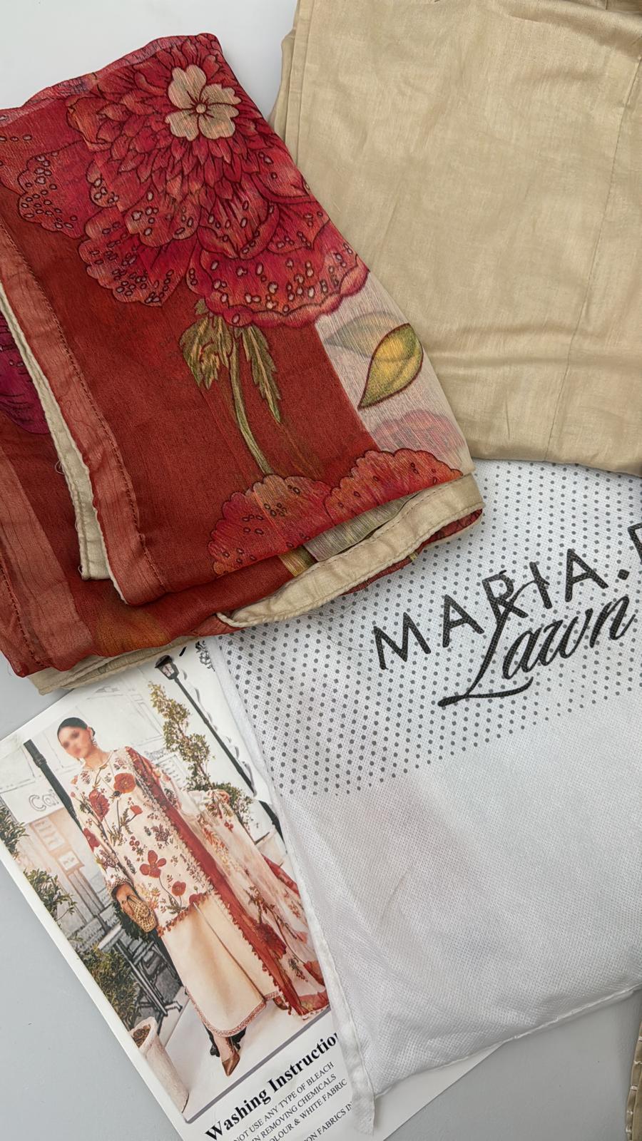 Maria B Inspired 3-Piece Suit with Chiffon Dupatta | Elegant Pakistani Wear Beige (Sizes S–2XL)