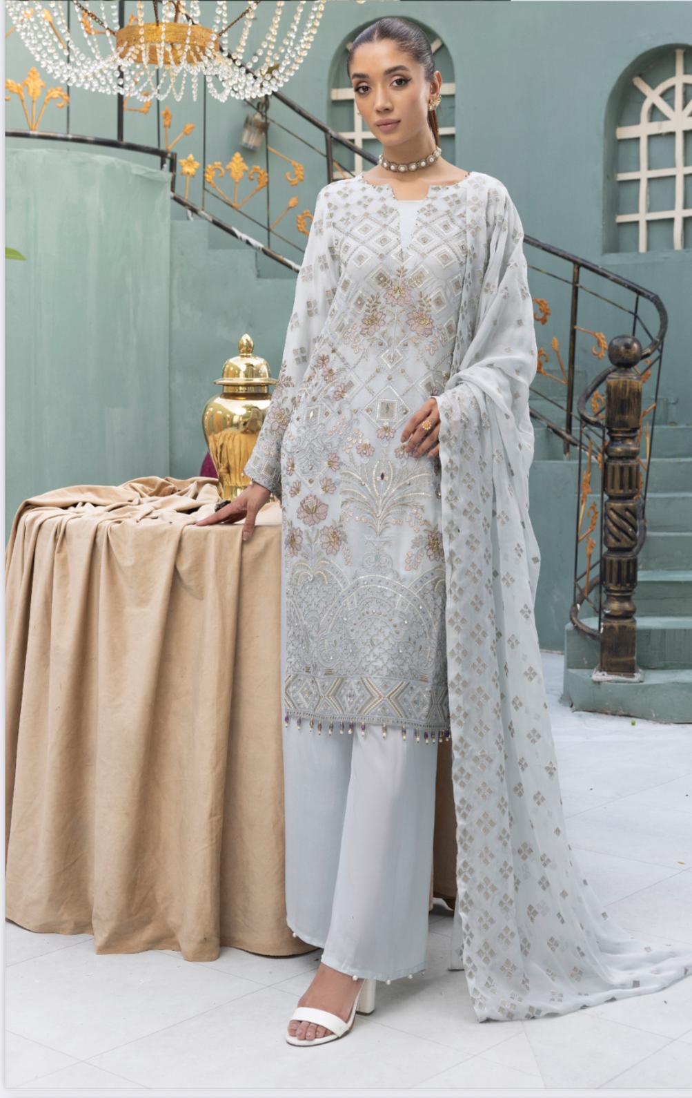 Flossie By Simran’s – 3 Piece Chiffon Embroidered Suit | Sizes S–2XL