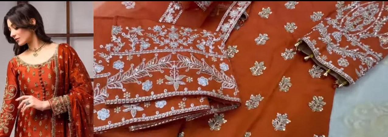 Ahmed sultan TANGERINE ( inspired)- 3 pcs heavy embroidered Raw silk shirt and trouser with soft organza duppatta