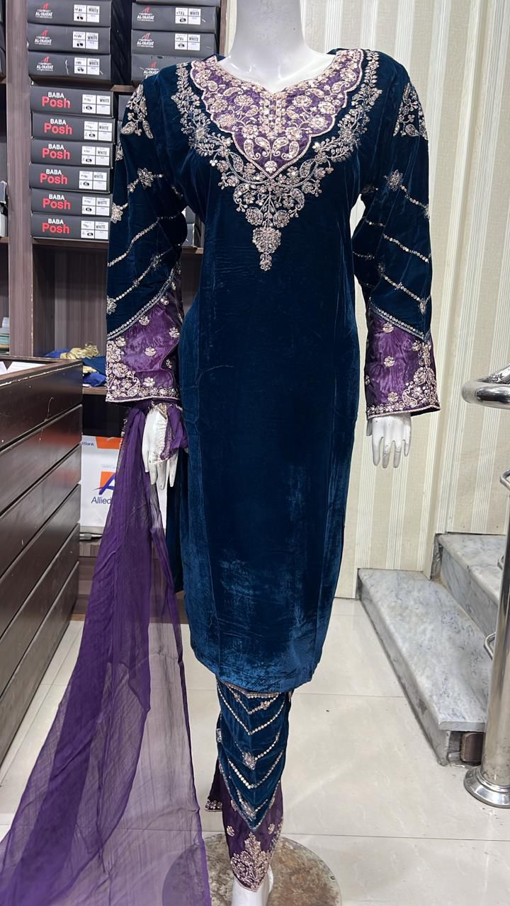 Luxury Velvet - 3pcs Embroidered Velvet Shirt and Trouser..comes with Chiffon Duppatta