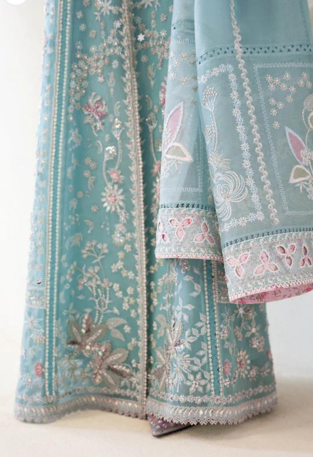 suffuse Iyara ( inspired) Ice Blue colour…3 pcs heavy embroidered soft organza shirt and duppatta..comes with sharara