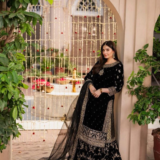 MAHVER- Haseens official (ORIGINAL )… 3 pieces heavy embroidered velvet sharara suit..beat for weddings and parties