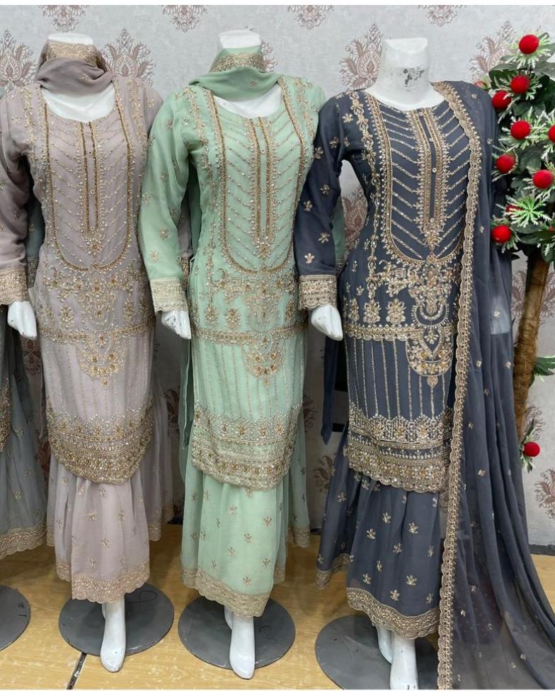 Premier 3-Piece Embroidered Chiffon Gharara Suit| Elegant Wedding & Party Wear Fabric Matching Outfit Shirt-