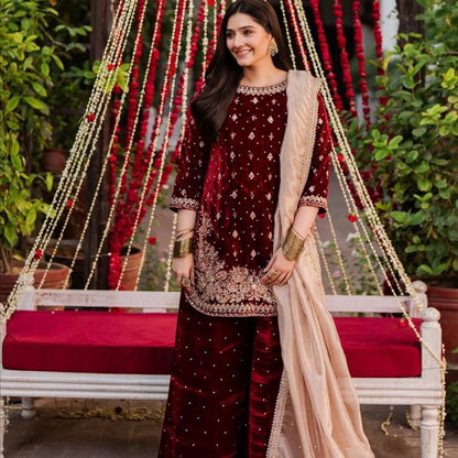 Haseens ( ORIGINAL )…3 piece heavy embroidered VELVET sharara suit..best for wedding and parties