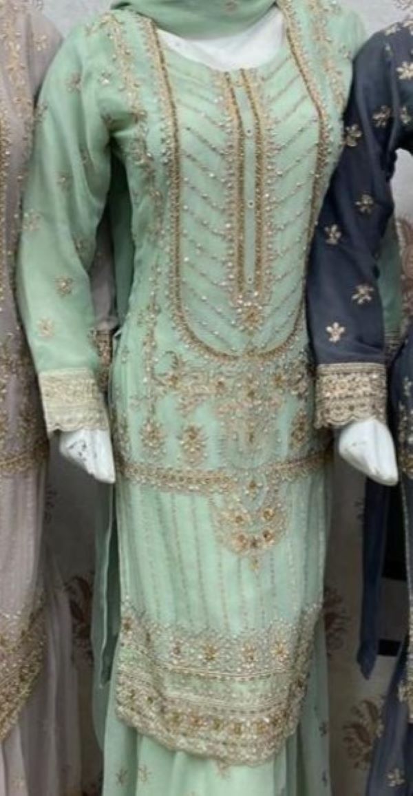 Premier 3-Piece Embroidered Chiffon Gharara Suit| Elegant Wedding & Party Wear Fabric Matching Outfit Shirt-