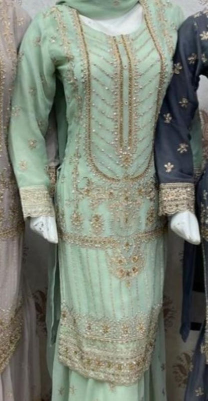 Premier 3-Piece Embroidered Chiffon Gharara Suit| Elegant Wedding & Party Wear Fabric Matching Outfit Shirt-