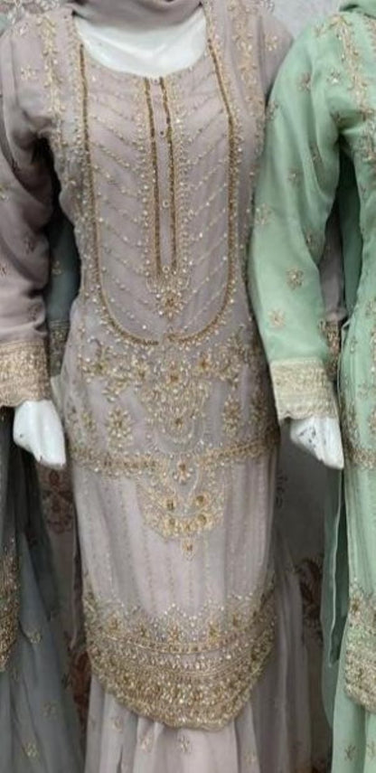 Premier 3-Piece Embroidered Chiffon Gharara Suit| Elegant Wedding & Party Wear Fabric Matching Outfit Shirt-