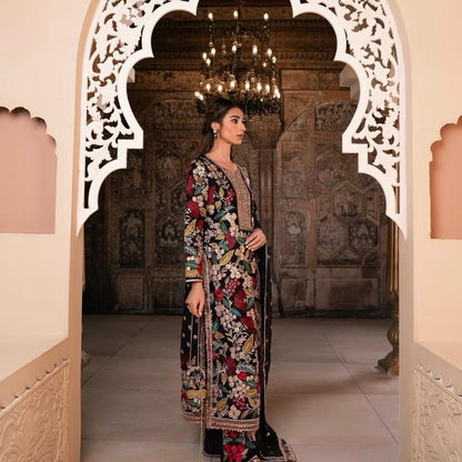 MAHNAAZ- Haseens official ( ORIGINAL)…4 pieces heavy embroidered chiffon suit with matching potli bag