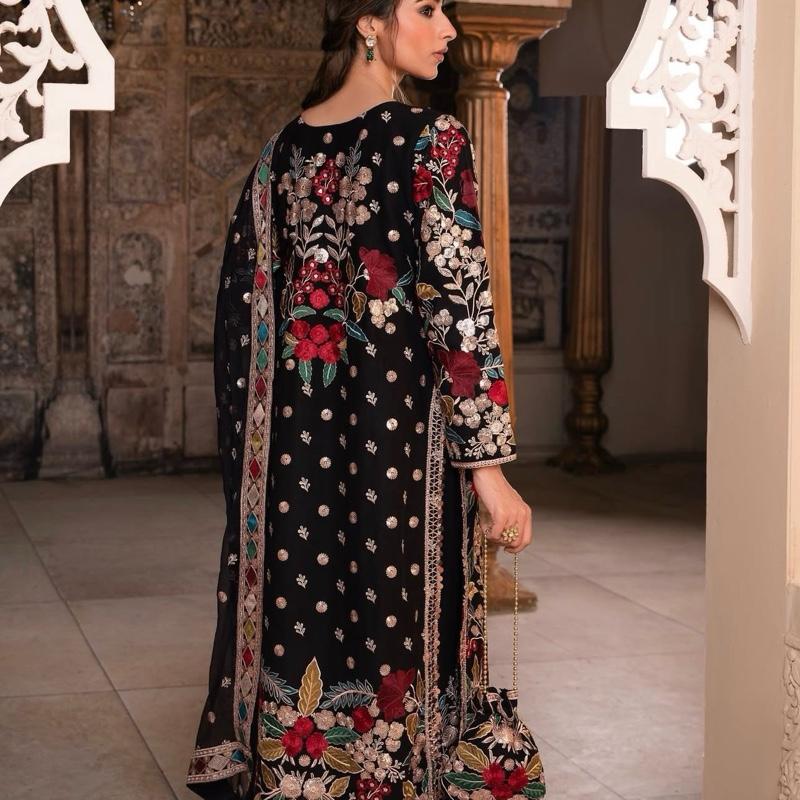 MAHNAAZ- Haseens official ( ORIGINAL)…4 pieces heavy embroidered chiffon suit with matching potli bag