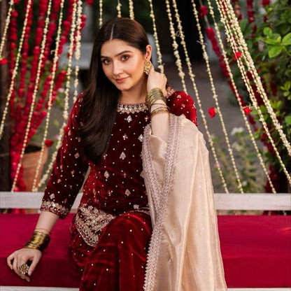 Haseens ( ORIGINAL )…3 piece heavy embroidered VELVET sharara suit..best for wedding and parties