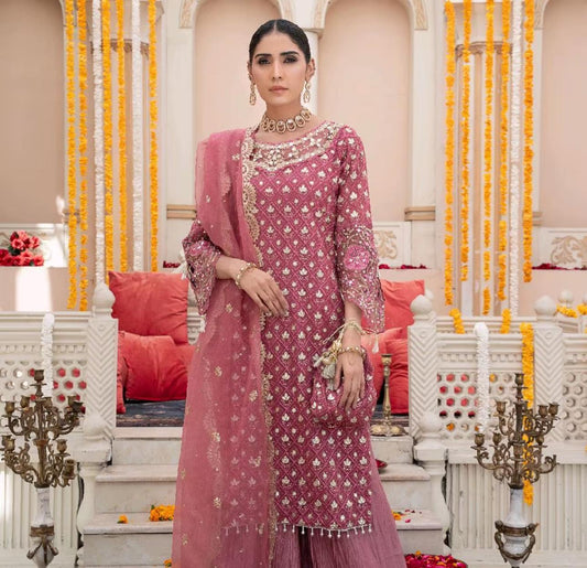 Luxury Chiffon 4pcs Dress -Embroidered Organza Dupatta | Crush Plazo | Matching Potli Bag-