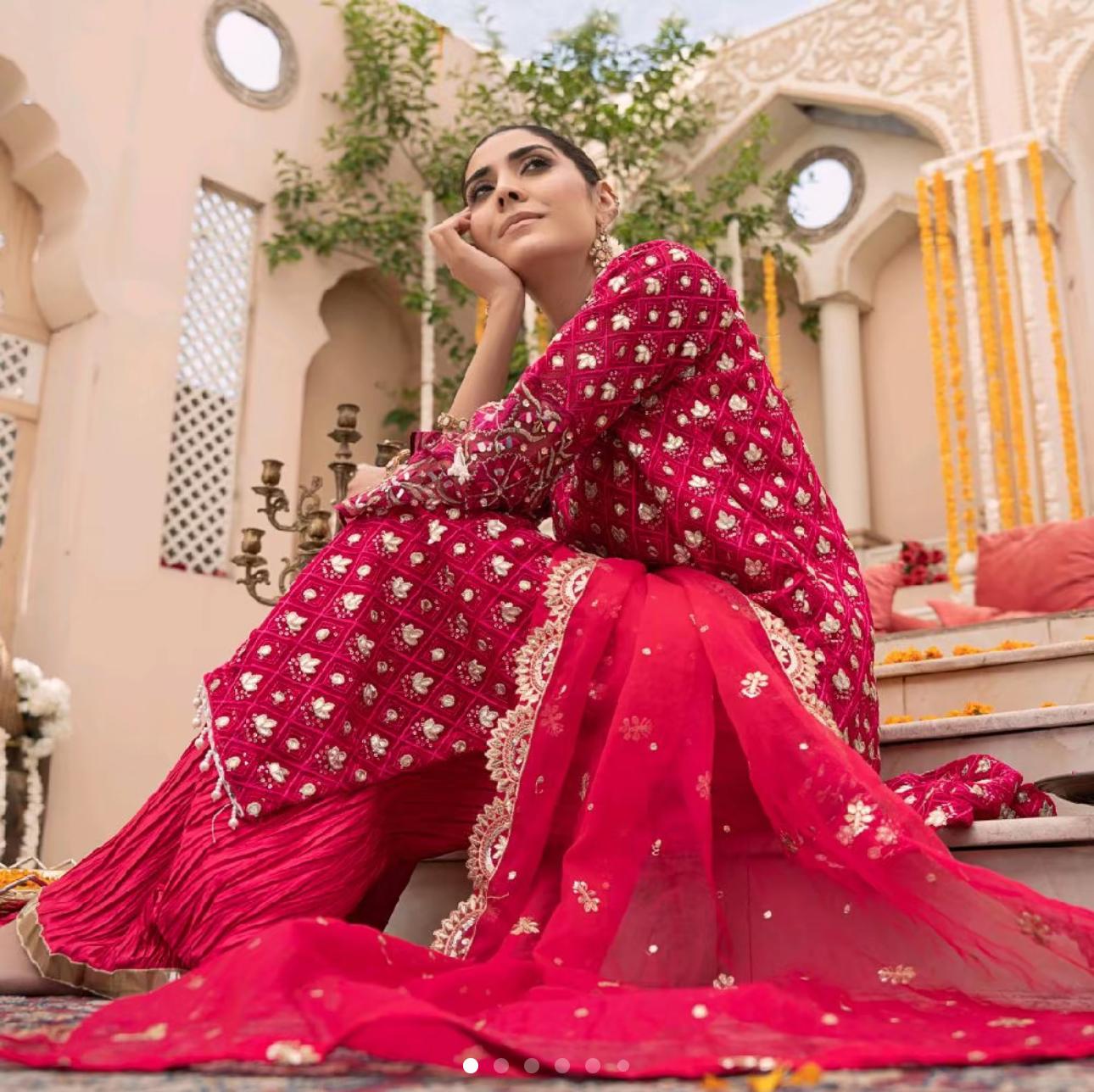 Luxury Chiffon 4pcs Dress -Embroidered Organza Dupatta | Crush Plazo | Matching Potli Bag-