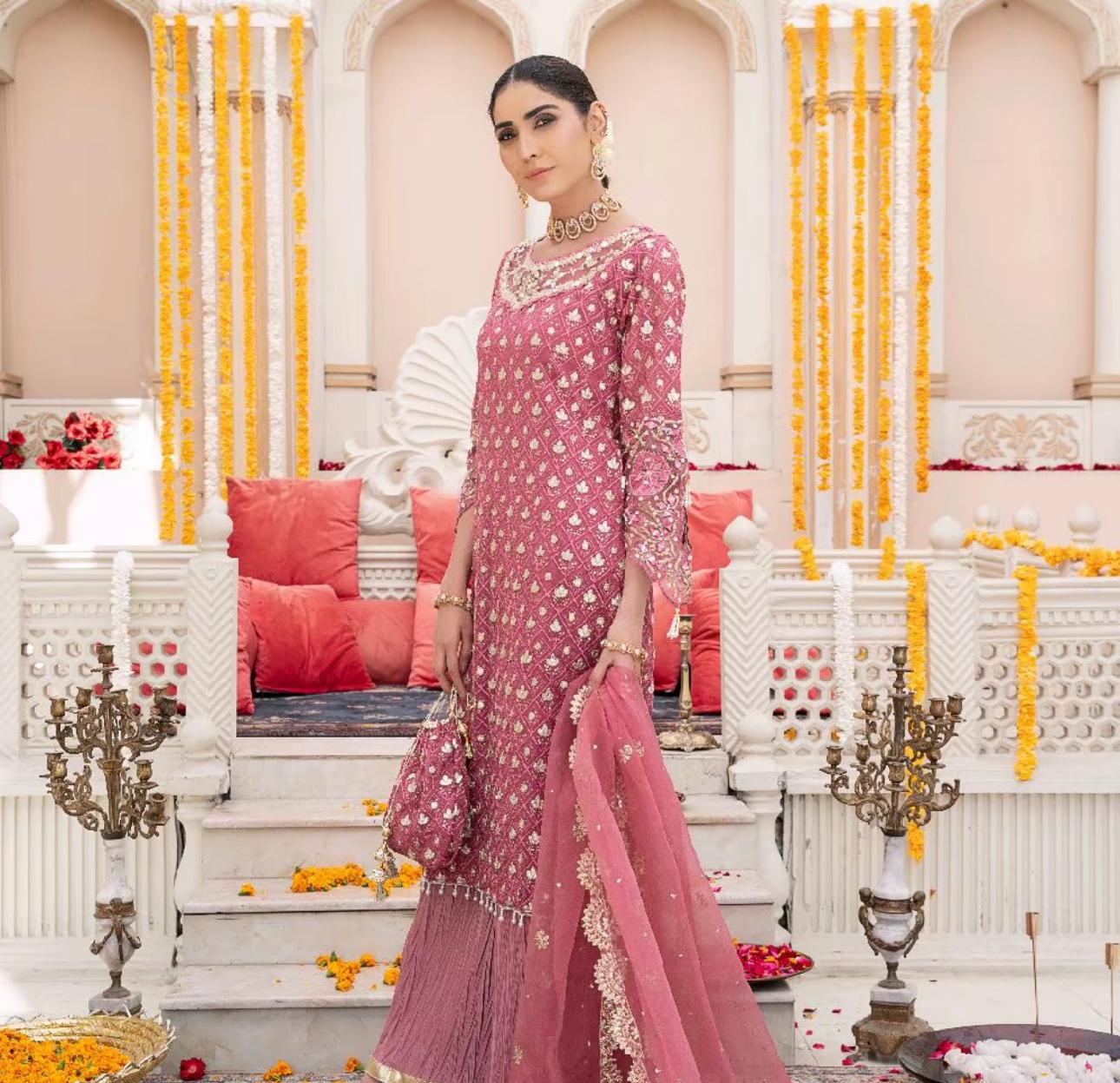 Luxury Chiffon 4pcs Dress -Embroidered Organza Dupatta | Crush Plazo | Matching Potli Bag-