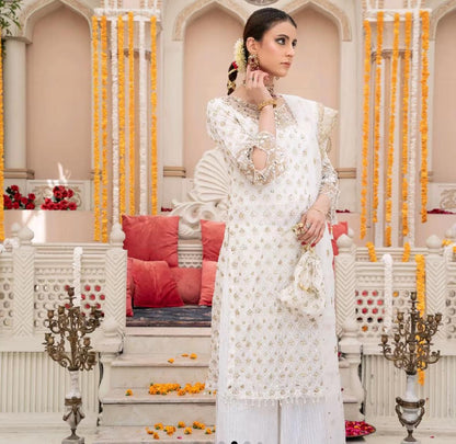 Luxury Chiffon 4pcs Dress -Embroidered Organza Dupatta | Crush Plazo | Matching Potli Bag-