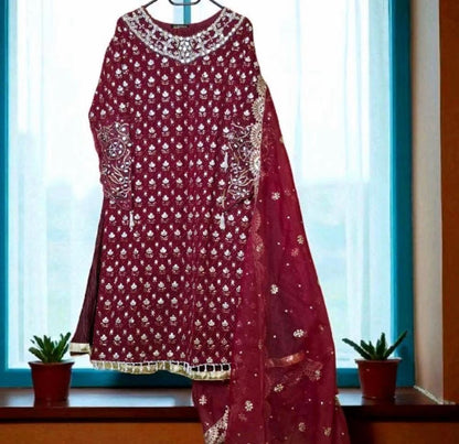 Luxury Chiffon 4pcs Dress -Embroidered Organza Dupatta | Crush Plazo | Matching Potli Bag-