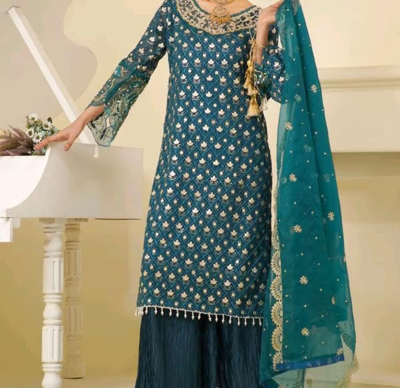 Luxury Chiffon 4pcs Dress -Embroidered Organza Dupatta | Crush Plazo | Matching Potli Bag-