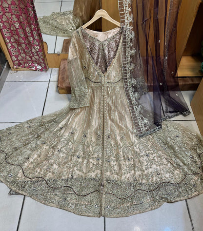 Heavy Embroidered Long-Length Maxi Dress with Fully Embroidered Net Dupatta | Premium Formalwear-