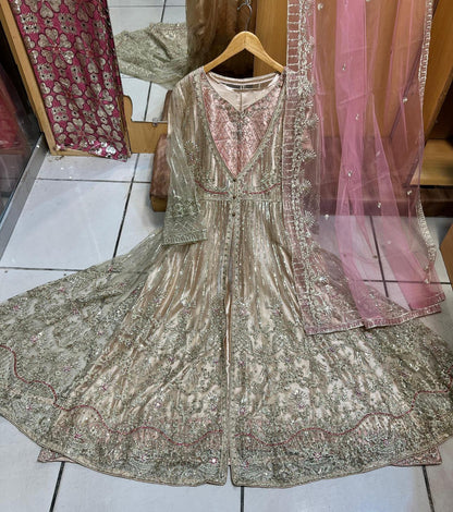 Heavy Embroidered Long-Length Maxi Dress with Fully Embroidered Net Dupatta | Premium Formalwear-