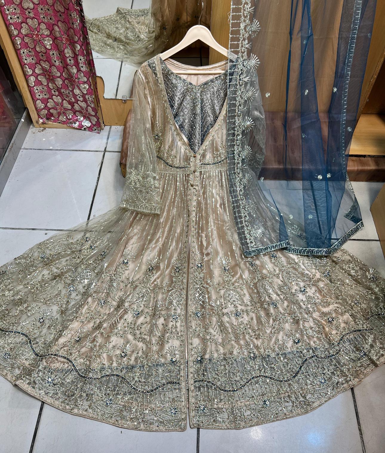 Heavy Embroidered Long-Length Maxi Dress with Fully Embroidered Net Dupatta | Premium Formalwear-