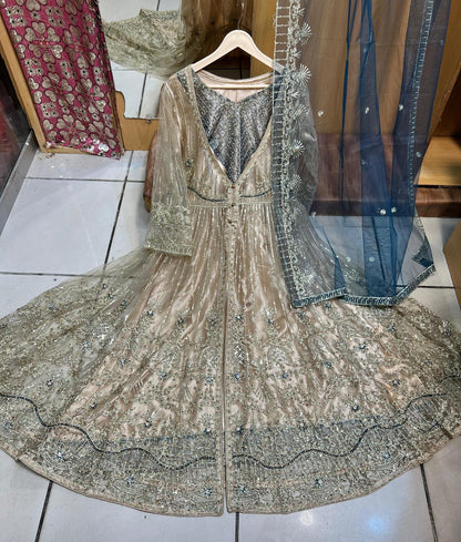 Heavy Embroidered Long-Length Maxi Dress with Fully Embroidered Net Dupatta | Premium Formalwear-