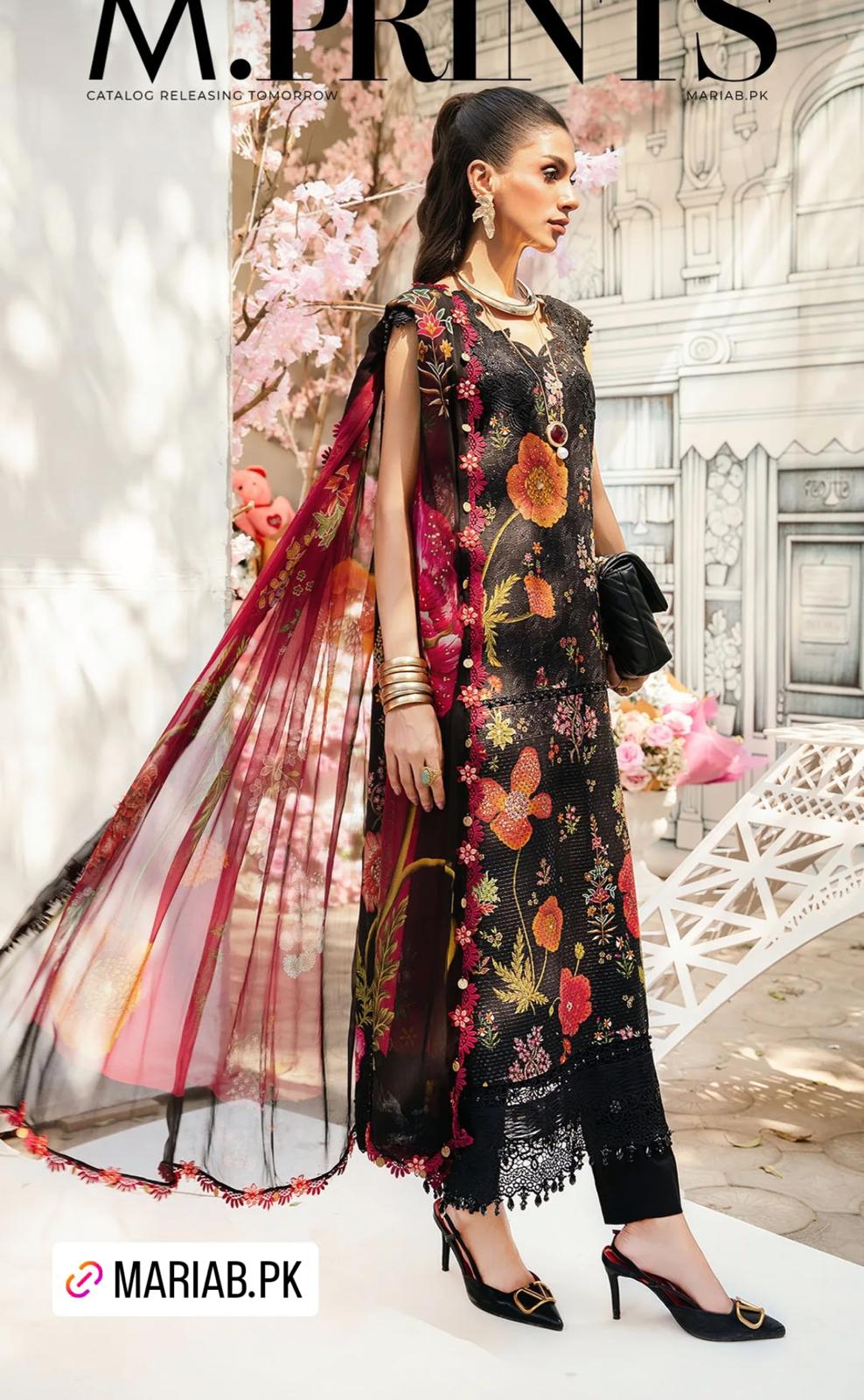 Maria B Inspired 3-Piece Suit with Chiffon Dupatta | Elegant Pakistani Wear Black (Sizes S–2XL)