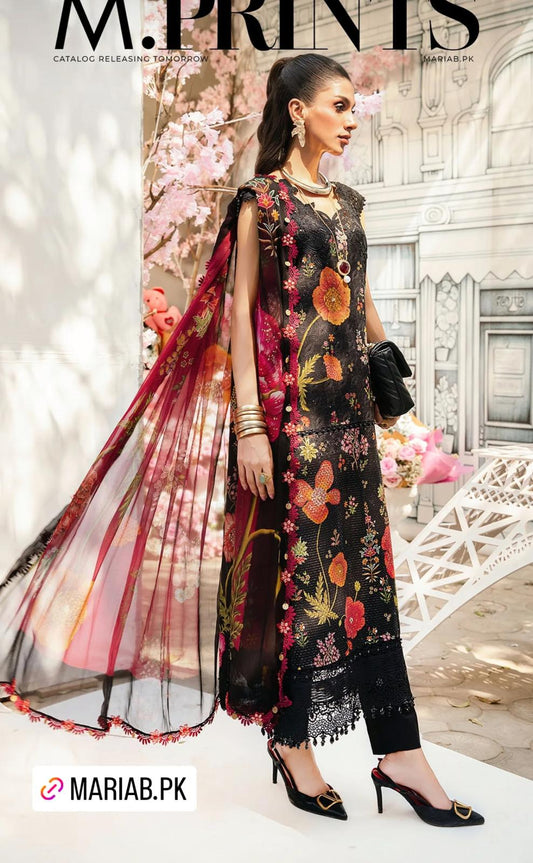 Maria B Inspired 3-Piece Suit with Chiffon Dupatta | Elegant Pakistani Wear Black (Sizes S–2XL)