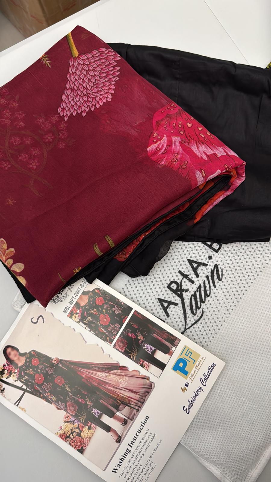 Maria B Inspired 3-Piece Suit with Chiffon Dupatta | Elegant Pakistani Wear Black (Sizes S–2XL)