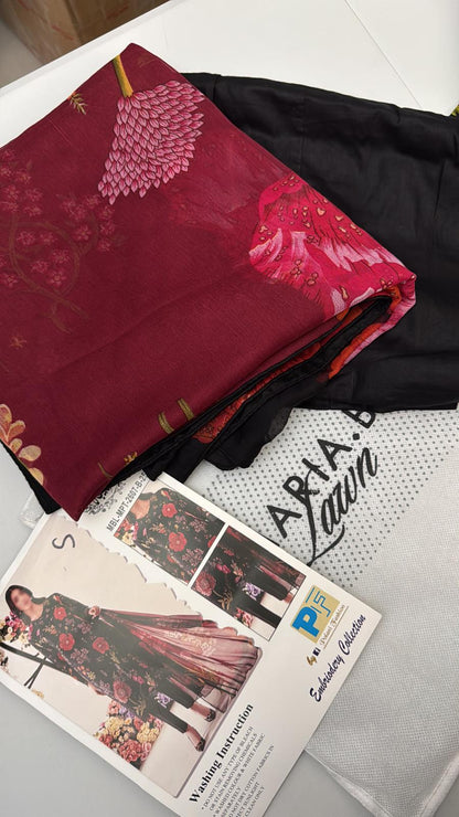 Maria B Inspired 3-Piece Suit with Chiffon Dupatta | Elegant Pakistani Wear Black (Sizes S–2XL)