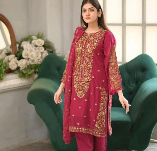 Luxury Chiffon 3 pcs Suit with Heavy Embroidery – Front & Back Work