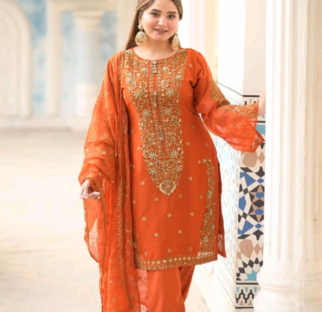 Luxury Chiffon 3 pcs Suit with Heavy Embroidery – Front & Back Work