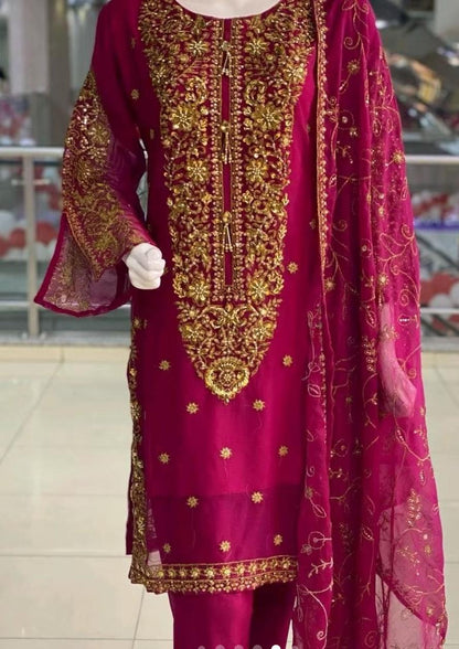 Luxury Chiffon 3 pcs Suit with Heavy Embroidery – Front & Back Work