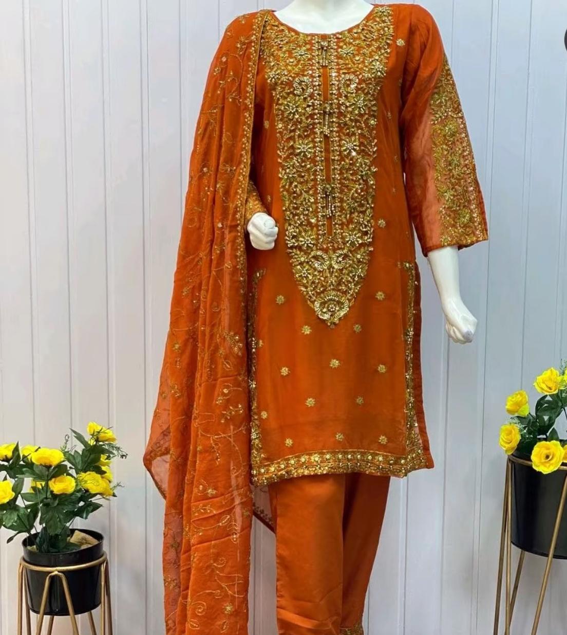 Luxury Chiffon 3 pcs Suit with Heavy Embroidery – Front & Back Work