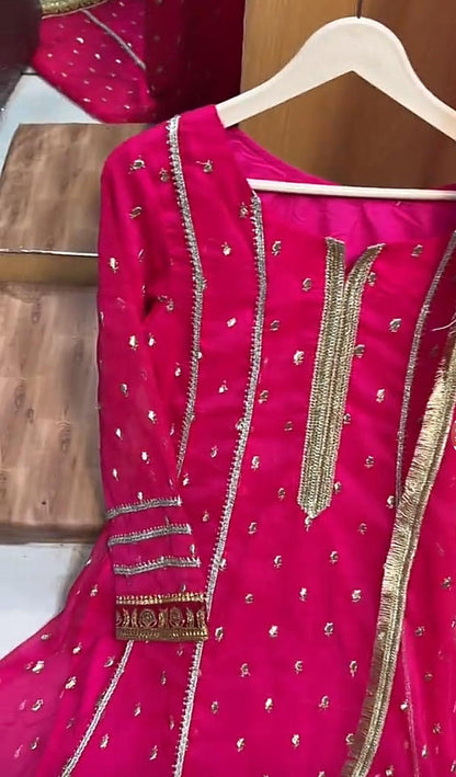 Graceful Chiffon Embroidered Long Frock with 4-Side Lace Dupatta – 2 Piece Set