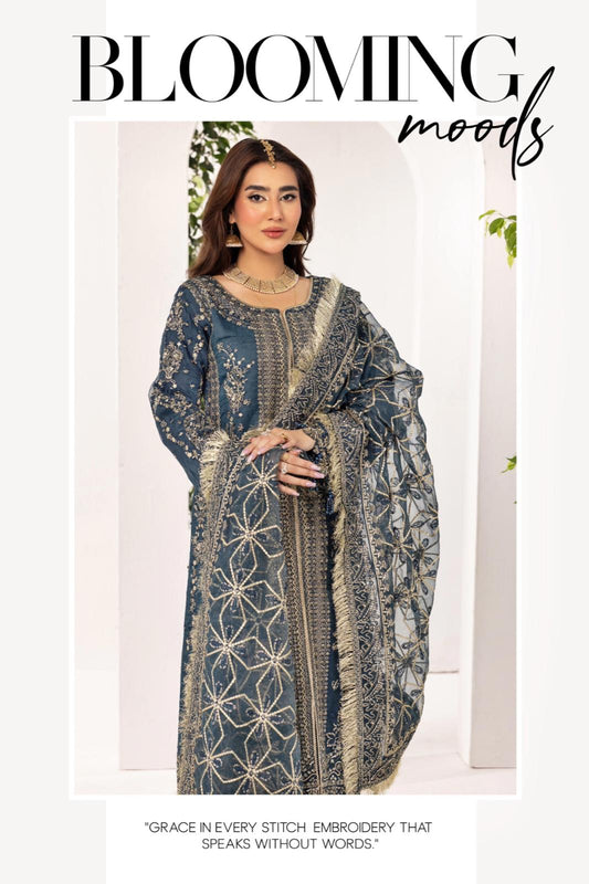 Nureh By Simran’s – 3 Piece Organza Heavy Embroidered Wedding Collection | Sizes S–XL