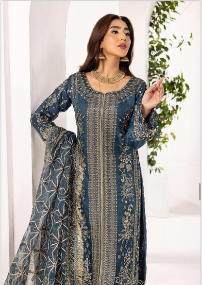 Nureh By Simran’s – 3 Piece Organza Heavy Embroidered Wedding Collection | Sizes S–XL