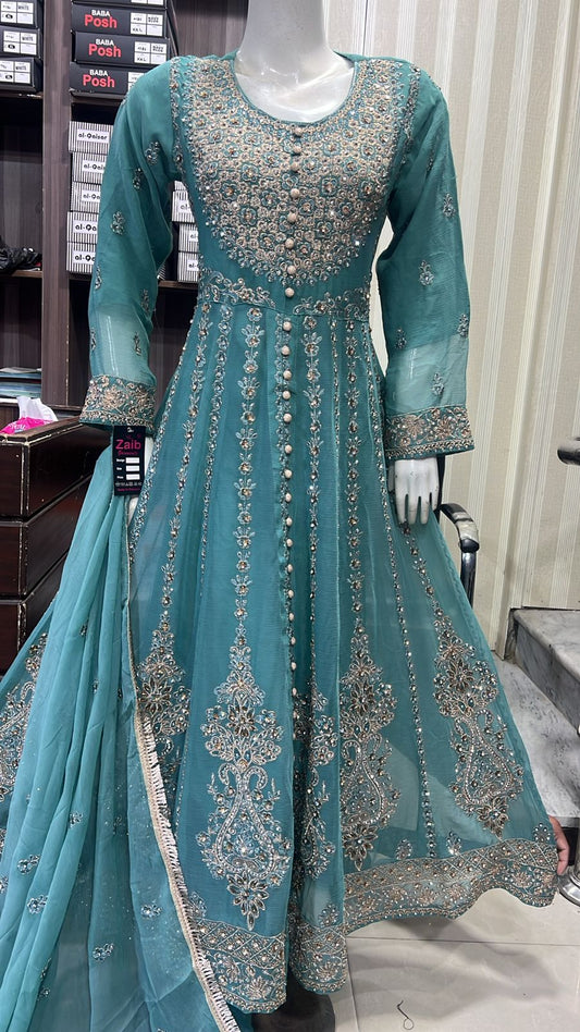 Beautiful Heavy Embroidered Chiffon Maxi – Luxury Wedding Collection (Size S–XL)”