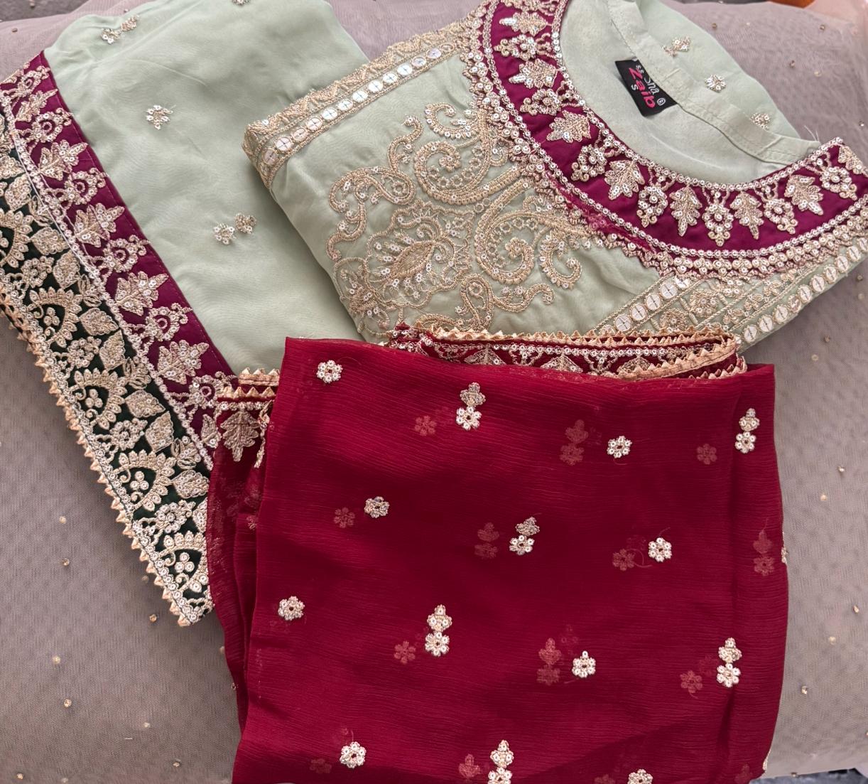 Luxury 3-Piece Heavy Embroidered Organza Suit with Chiffon Dupatta – Wedding & Party Wear