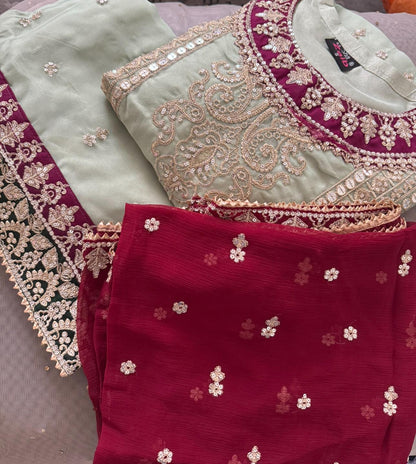 Luxury 3-Piece Heavy Embroidered Organza Suit with Chiffon Dupatta – Wedding & Party Wear