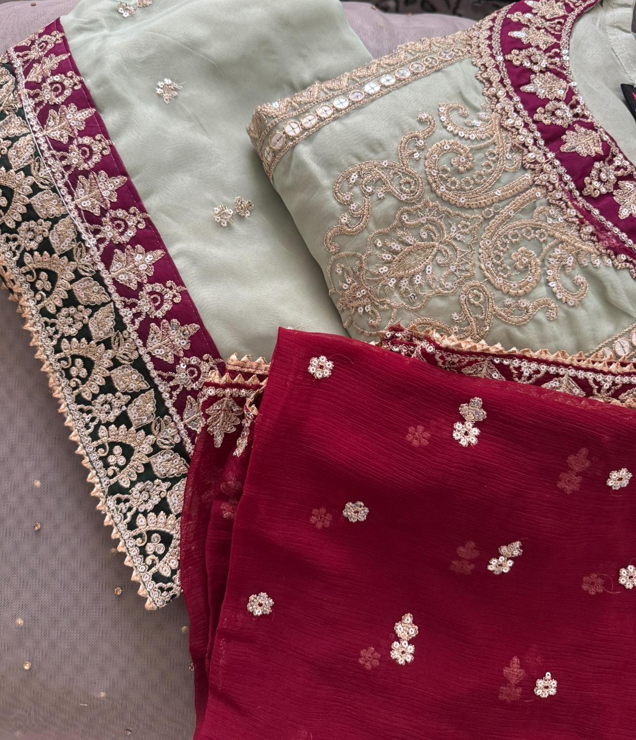 Luxury 3-Piece Heavy Embroidered Organza Suit with Chiffon Dupatta – Wedding & Party Wear