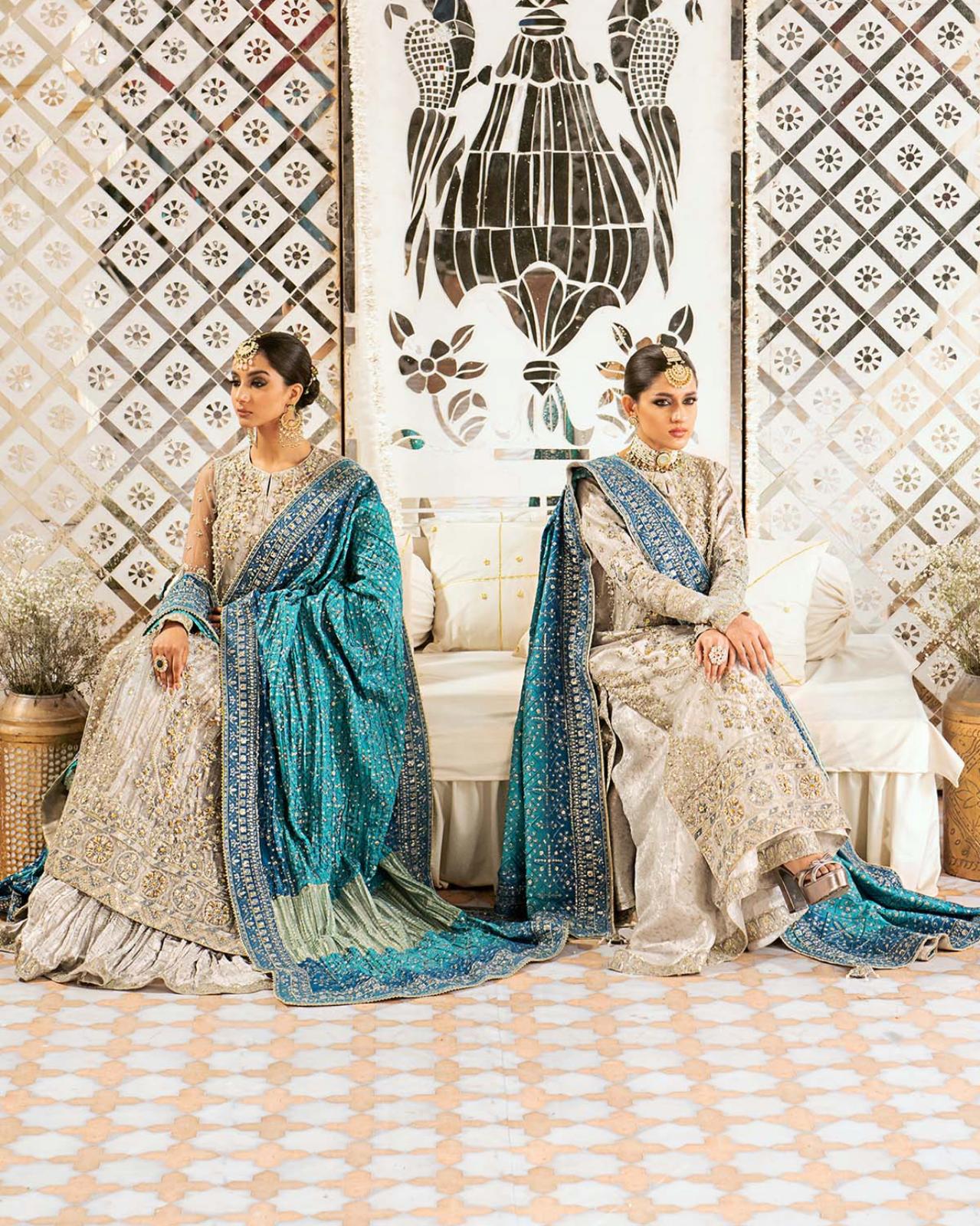AIK Atelier Inspired – Heavy Embroidered 3-Piece Wedding Collection by Simran’s | With Heavy Embroidered Dupatta & Soft Banarsi Fabric Lehenga/Sharara-Grey Size S-XL