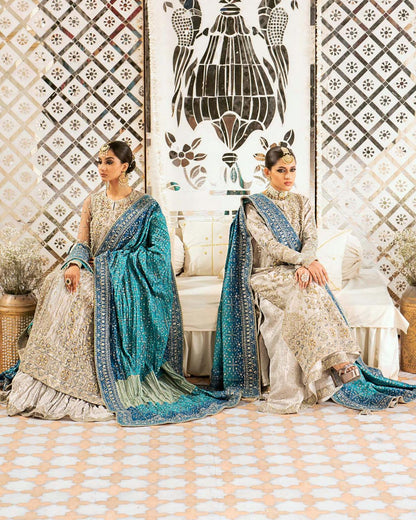 AIK Atelier Inspired – Heavy Embroidered 3-Piece Wedding Collection by Simran’s | With Heavy Embroidered Dupatta & Soft Banarsi Fabric Lehenga/Sharara-Grey Size S-XL