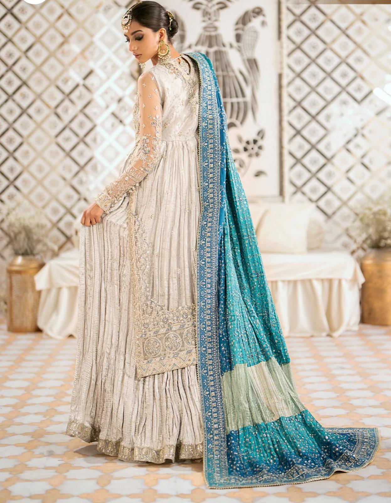 AIK Atelier Inspired – Heavy Embroidered 3-Piece Wedding Collection by Simran’s | With Heavy Embroidered Dupatta & Soft Banarsi Fabric Lehenga/Sharara-Grey Size S-XL