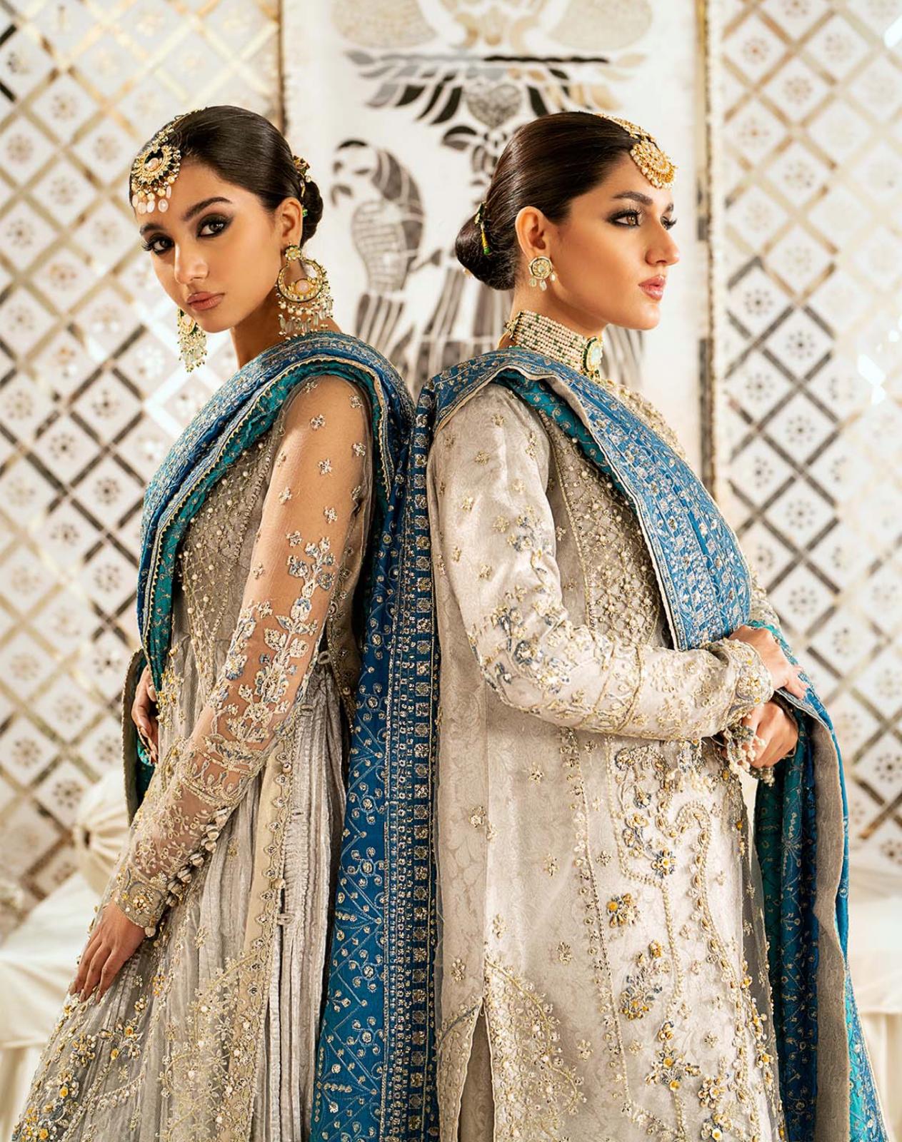 AIK Atelier Inspired – Heavy Embroidered 3-Piece Wedding Collection by Simran’s | With Heavy Embroidered Dupatta & Soft Banarsi Fabric Lehenga/Sharara-Grey Size S-XL