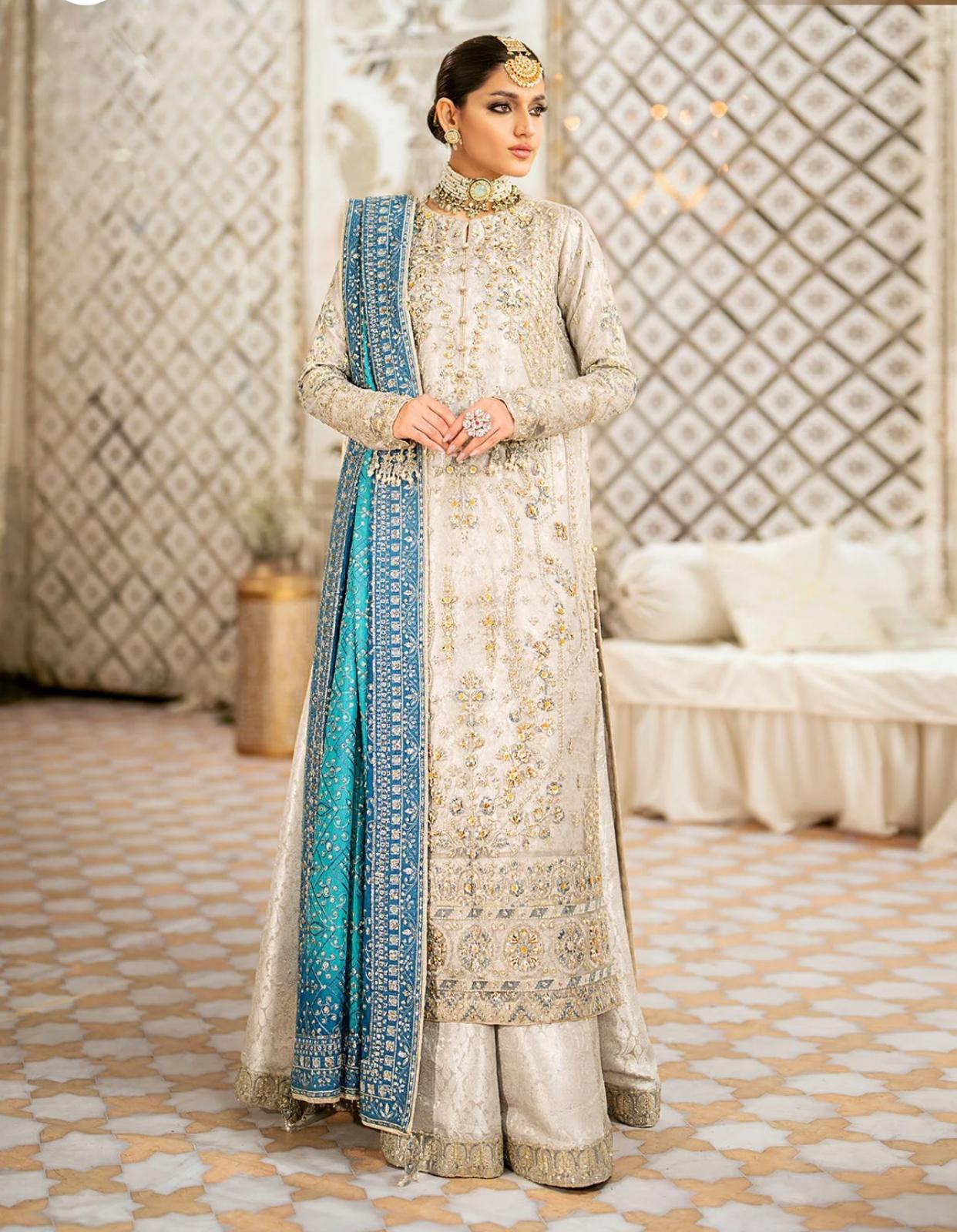 AIK Atelier Inspired – Heavy Embroidered 3-Piece Wedding Collection by Simran’s | With Heavy Embroidered Dupatta & Soft Banarsi Fabric Lehenga/Sharara-Grey Size S-XL