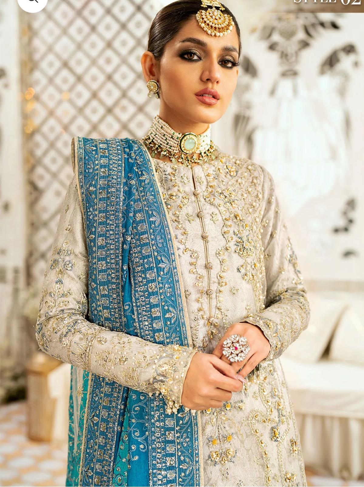 AIK Atelier Inspired – Heavy Embroidered 3-Piece Wedding Collection by Simran’s | With Heavy Embroidered Dupatta & Soft Banarsi Fabric Lehenga/Sharara-Grey Size S-XL